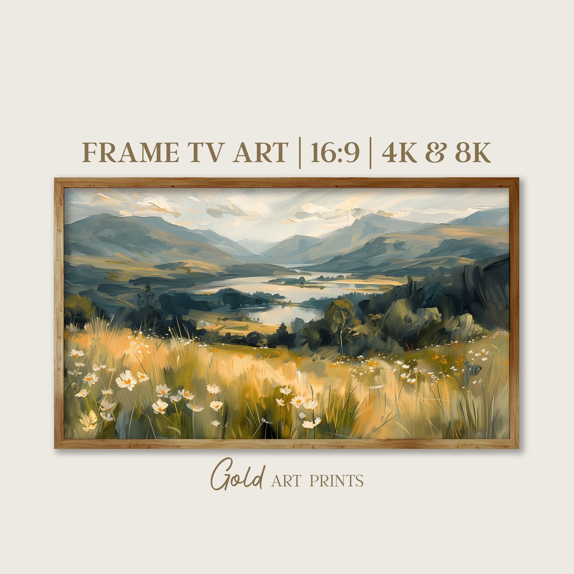 Wildflower Meadow Mountain Lake Valley Golden Oil Painting Poster