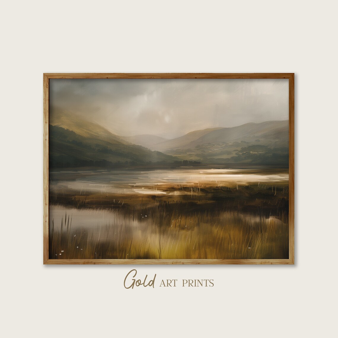 Moody Misty Lake Rolling Hills Dark Atmospheric Oil Painting Poster
