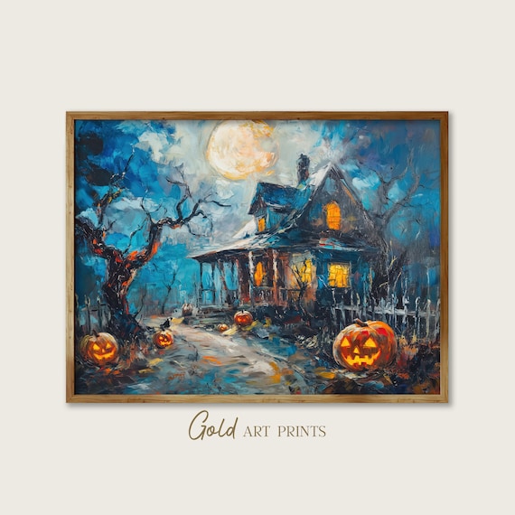 Spooky Halloween Haunted House Full Moon Jack O Lantern Oil Painting Poster