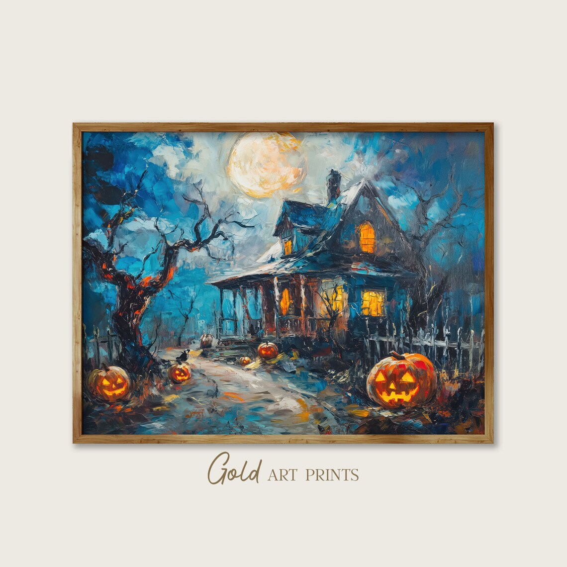 Spooky Halloween Haunted House Full Moon Jack O Lantern Oil Painting Poster