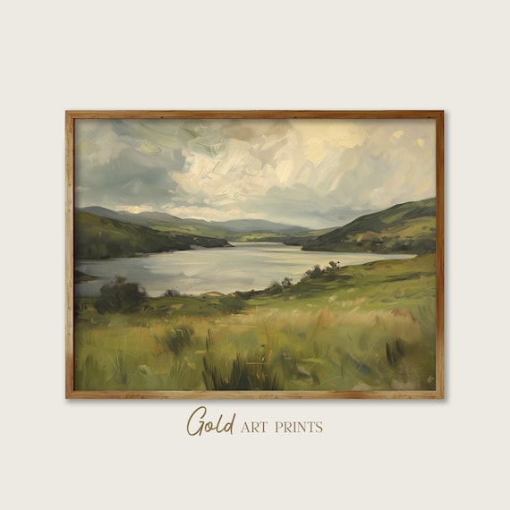 Green Valley Lake Rolling Hills Cloudy Sky Impressionist Painting Poster
