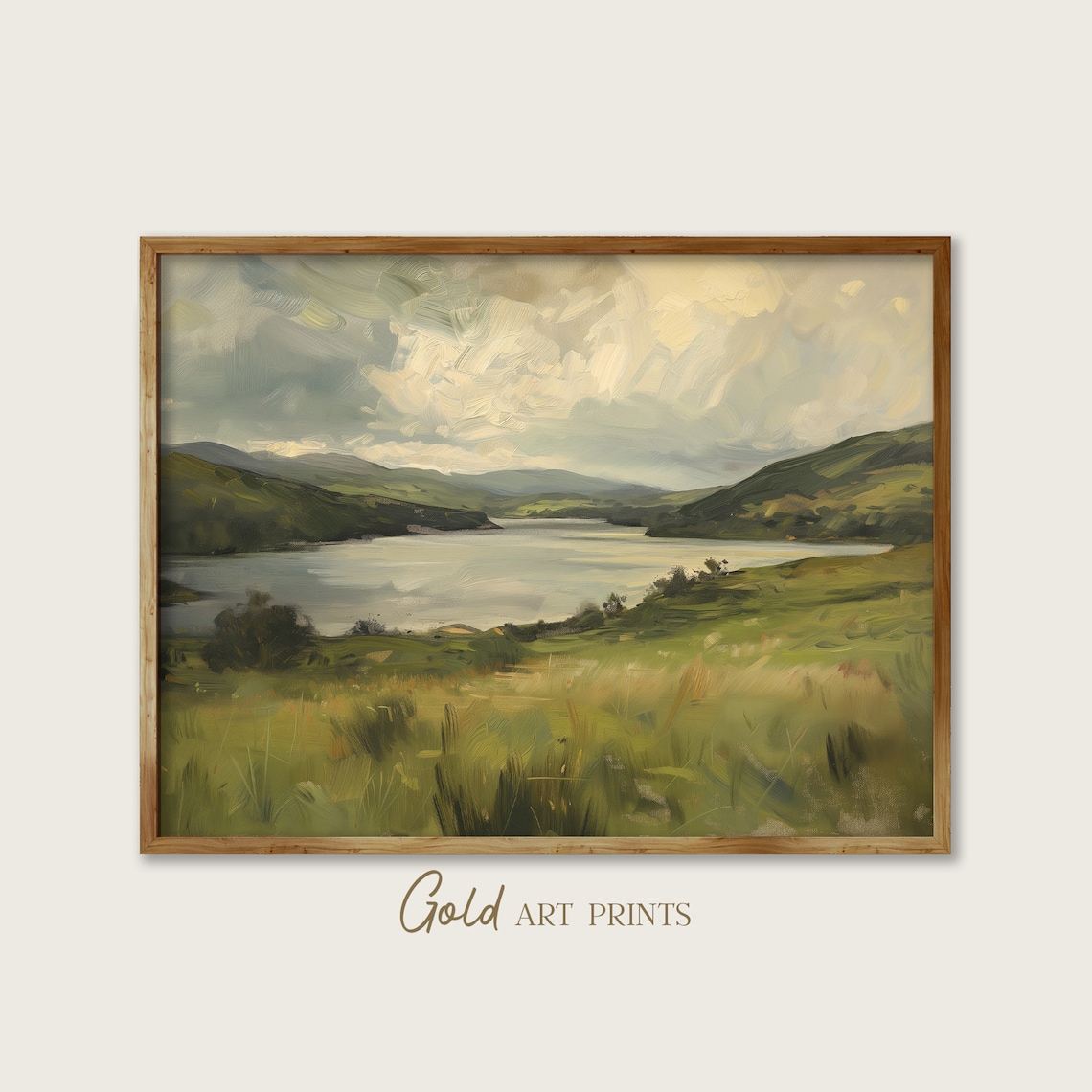 Green Valley Lake Rolling Hills Cloudy Sky Impressionist Painting Poster