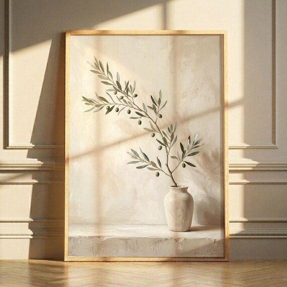 Minimalist Olive Branch Beige Japandi Botanical Ceramic Art Print