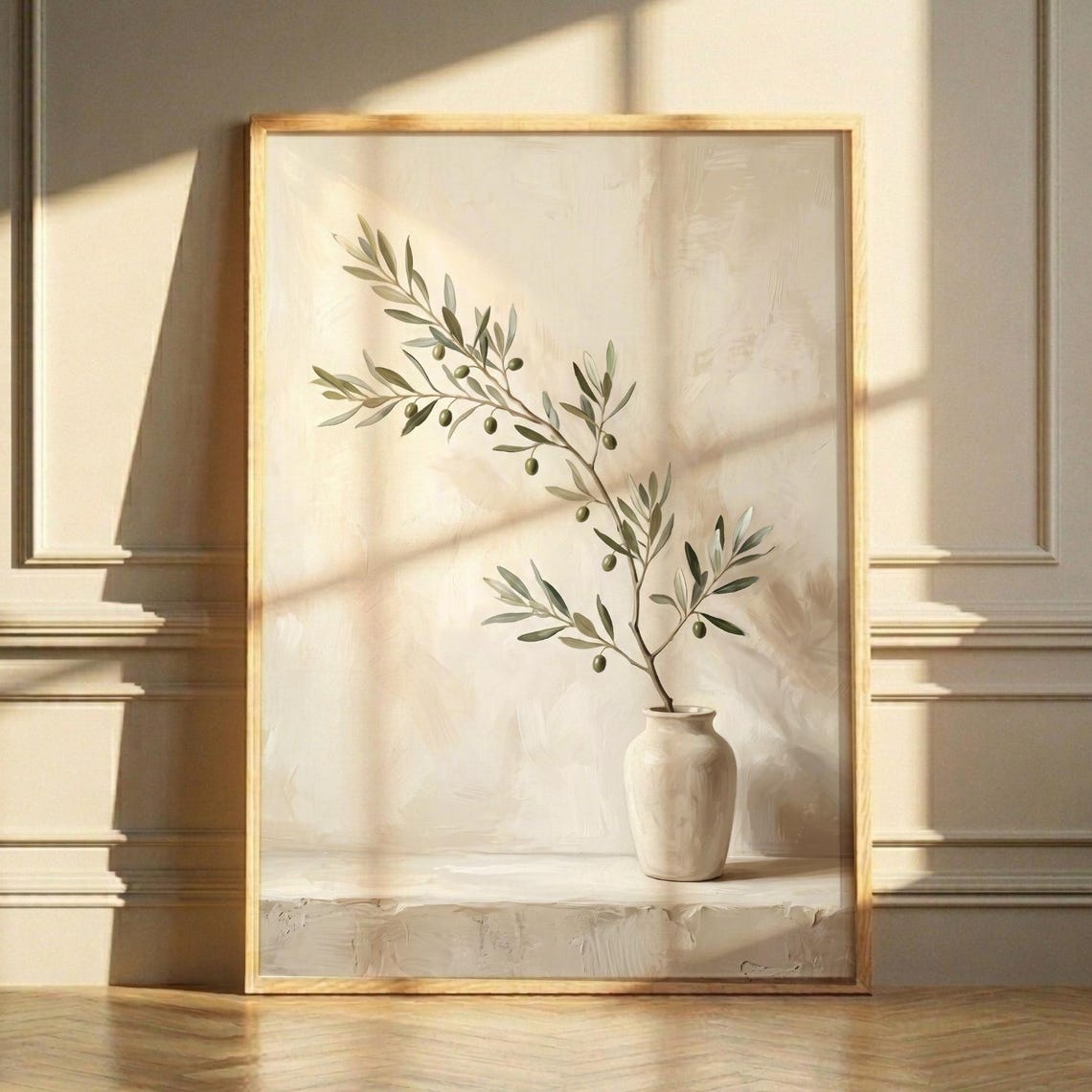 Minimalist Olive Branch Wall Art Japandi Botanical Painting Neutral Tone Poster