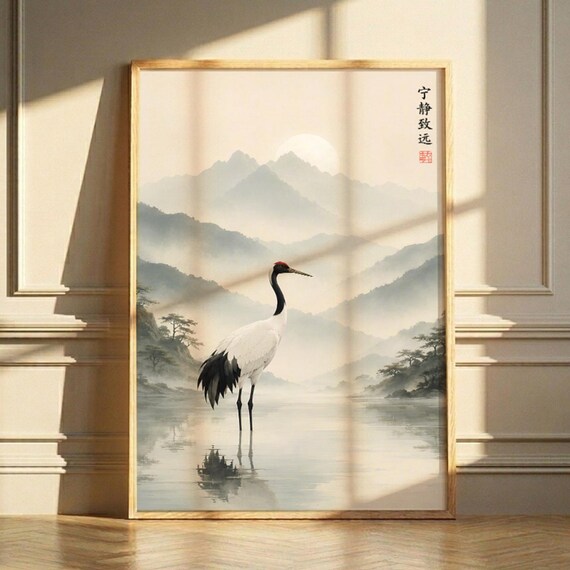 Japanese Crane Wall Art Minimalist Asian Landscape Print Zen Ink Wash Painting