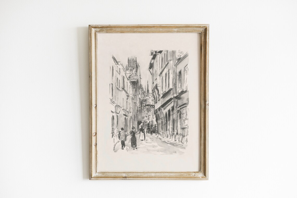 Antique European Old Town Street Ink Sketch Vintage Drawing Art Print