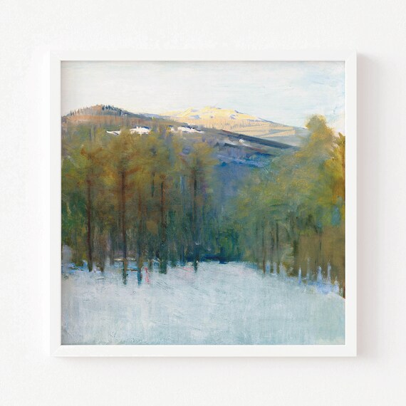 Moody Landscape Painting, Vintage Mountain Forest