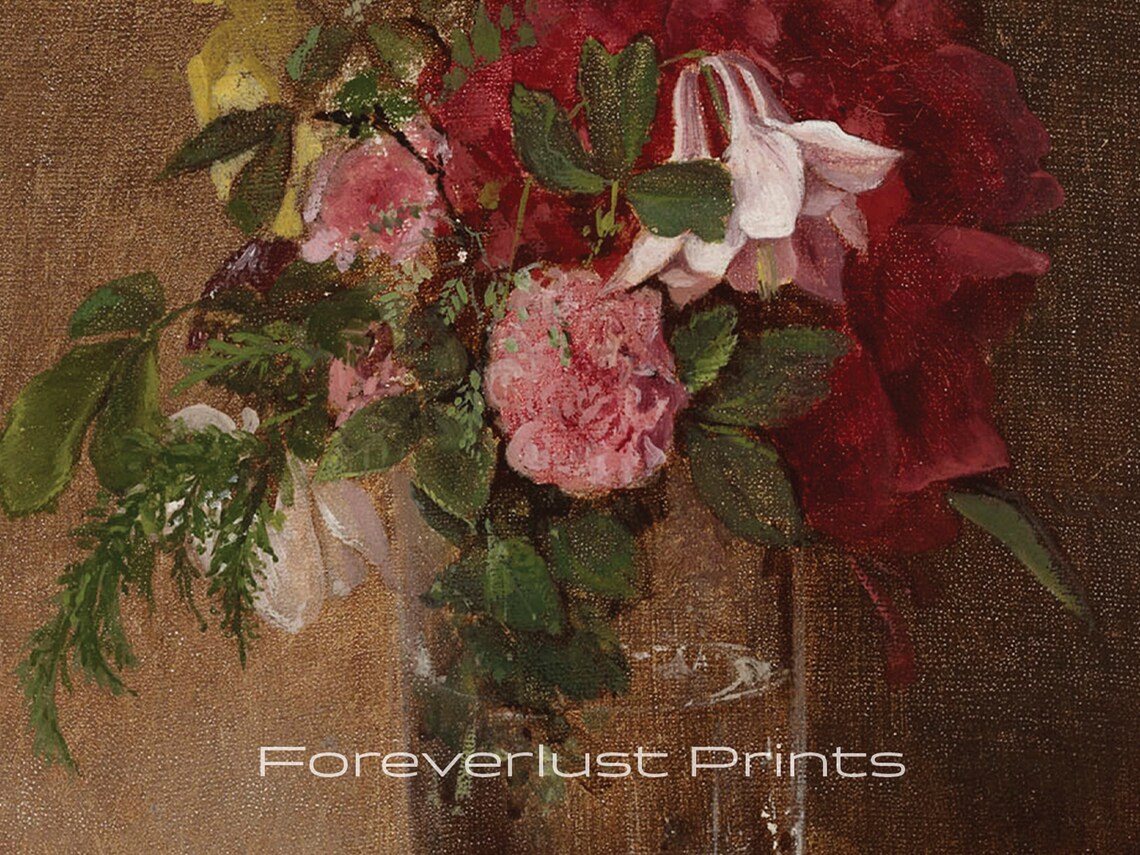 Vintage Peony Columbine Bouquet Glass Vase Warm Floral Painting Art Print - Image 2