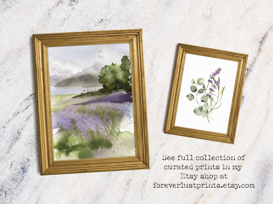 Lavender Field Watercolor Landscape Purple Blooms Misty Hills Art Print - Image 2