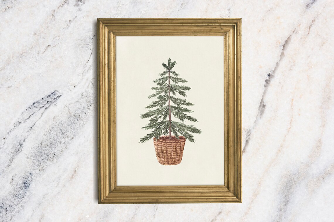 Pine Tree In Wicker Basket Botanical Watercolor Holiday Art Poster