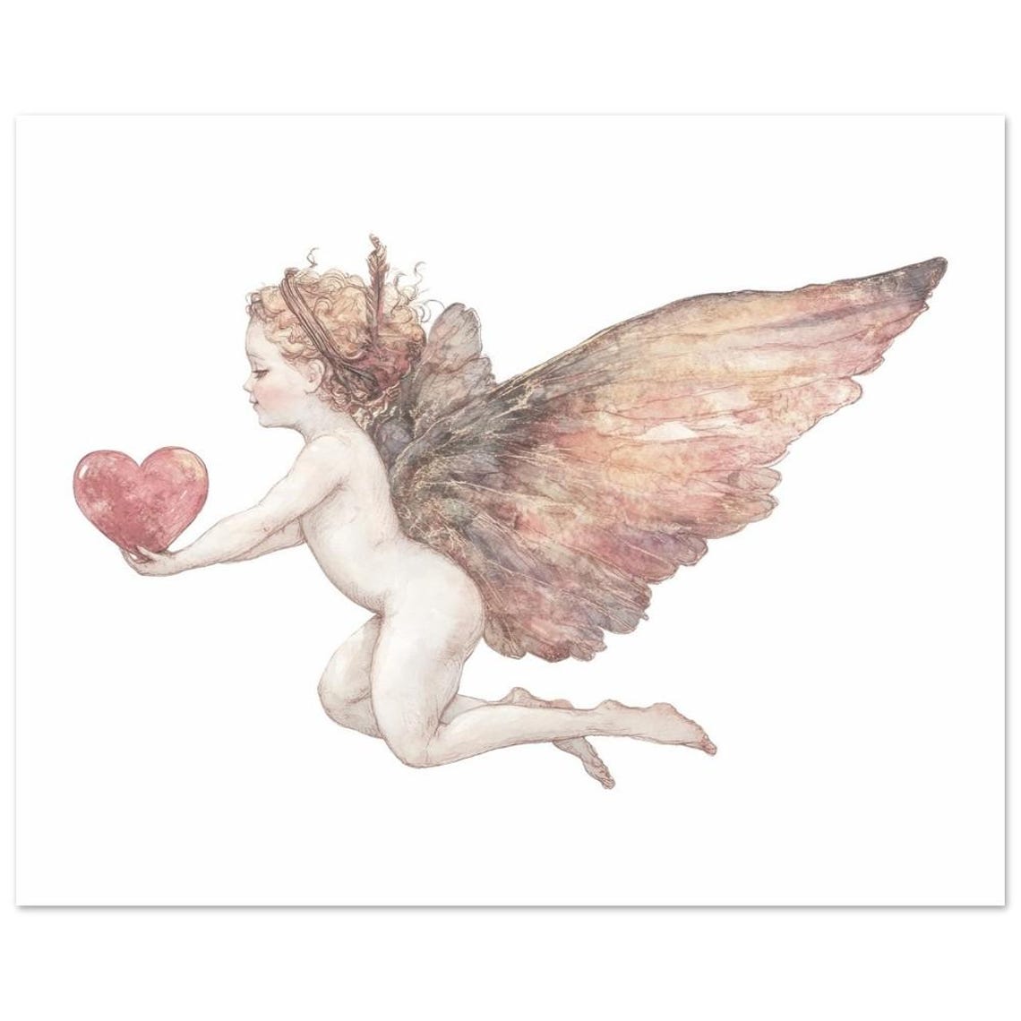 Flying Cherub Holding Pink Heart Watercolor Valentine Art Print - Image 2