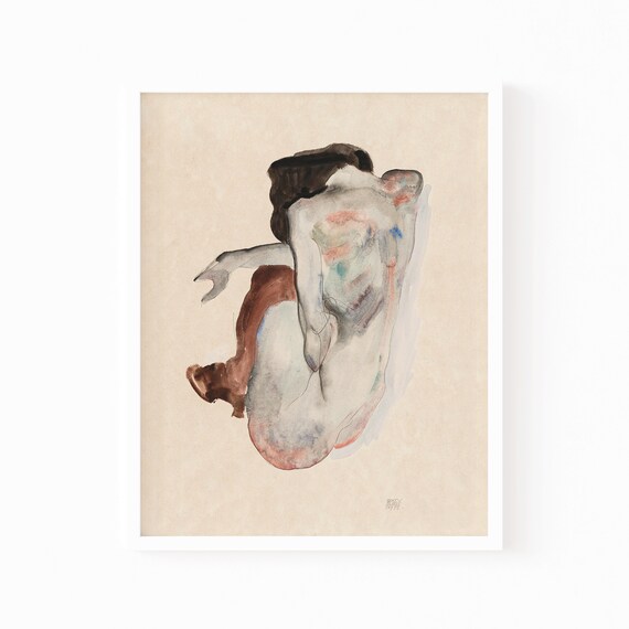 Crouching Nude Figure Study Expressive Watercolor Figurative Art Print