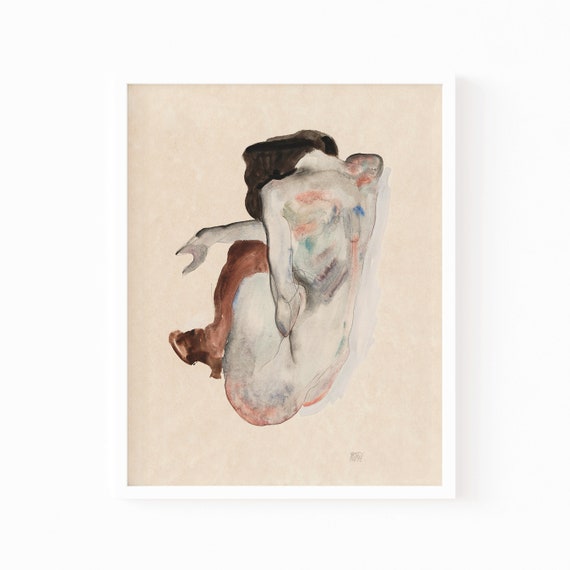 Egon Schiele Print Naked Lady Wall Art Crouching Nude In Shoes Female Nude Figurative Poster