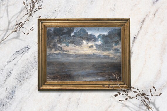 Vintage Coastal Seaside Painting Original Fine Art Moody Beach Giclee Unframed Print Beach House Wall Art Muted Neutral Decor Shelf Art