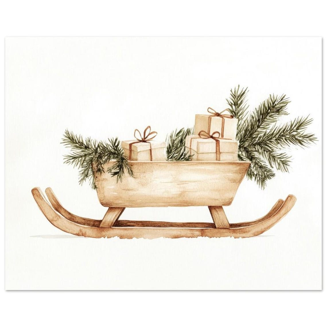 Rustic Wooden Sleigh With Gifts Pine Christmas Watercolor Art Print - Image 2