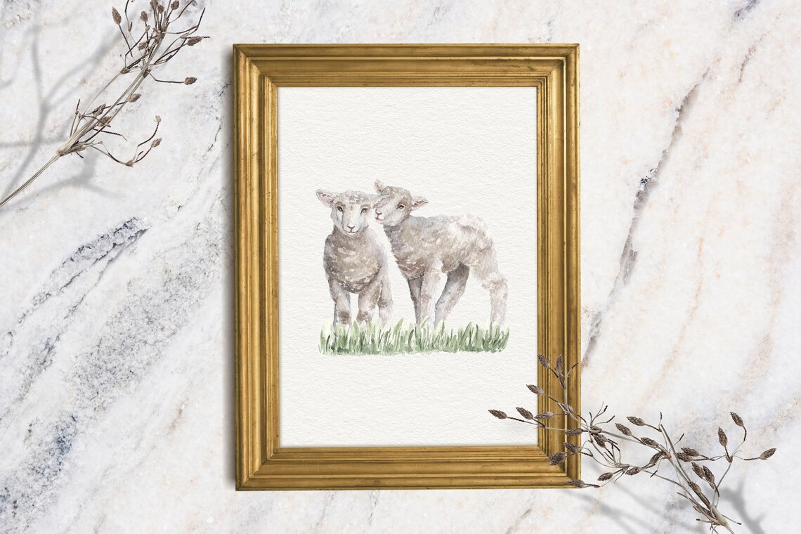 Baby Lambs Watercolor Nuzzling Cute Spring Sheep Nursery Art Print