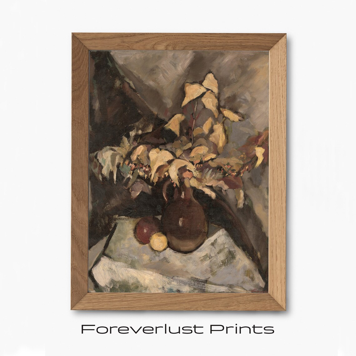 Vintage Muted Still Life Oil Painting Dark Vase Autumn Branches Farmhouse Art - Image 2