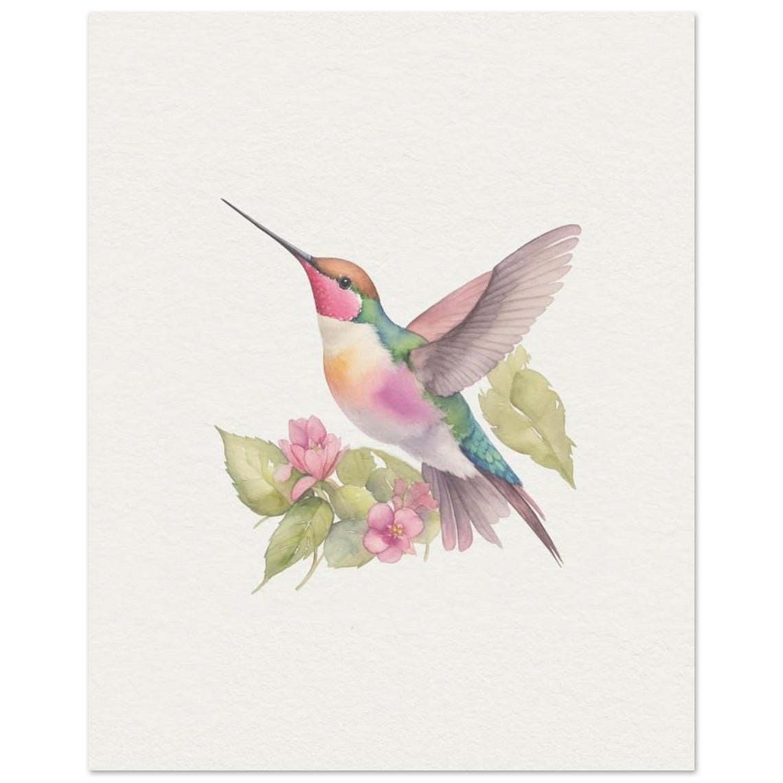 Pink Headed Hummingbird Watercolor Floral Bird Nursery Art Print - Image 3