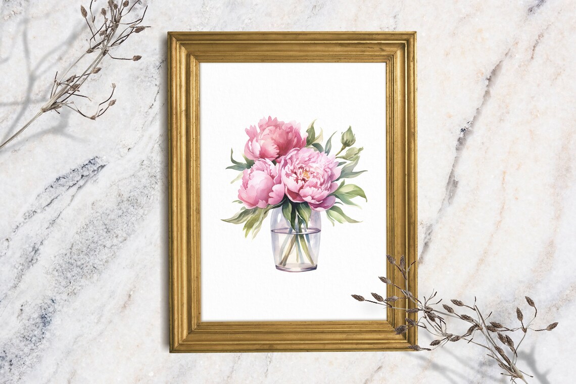 Pink Peony Blossoms Glass Vase Romantic Watercolor Floral Poster