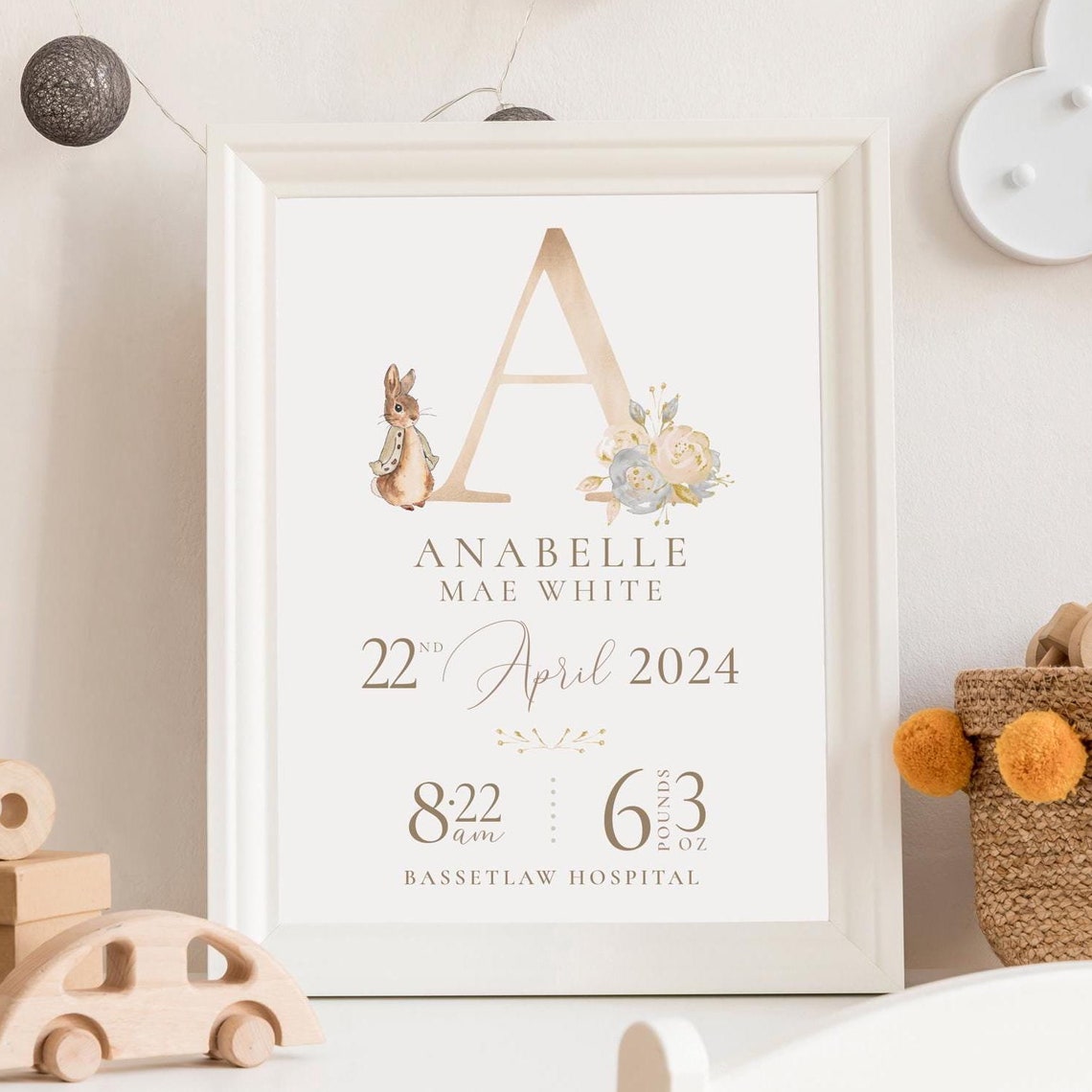 Anabelle Mae White Personalised Baby Birth Nursery Keepsake Print