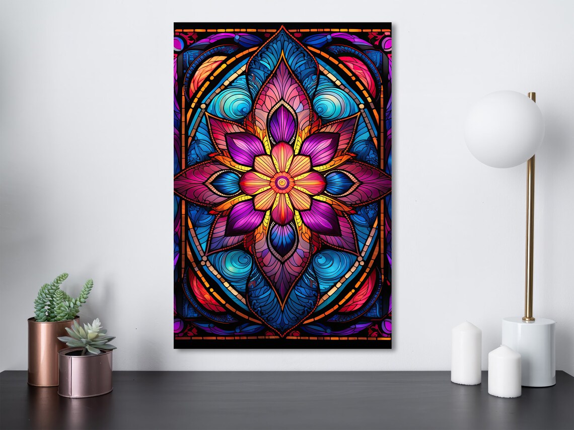 Psychedelic Stained Glass Floral Mandala Cathedral Light Art Poster
