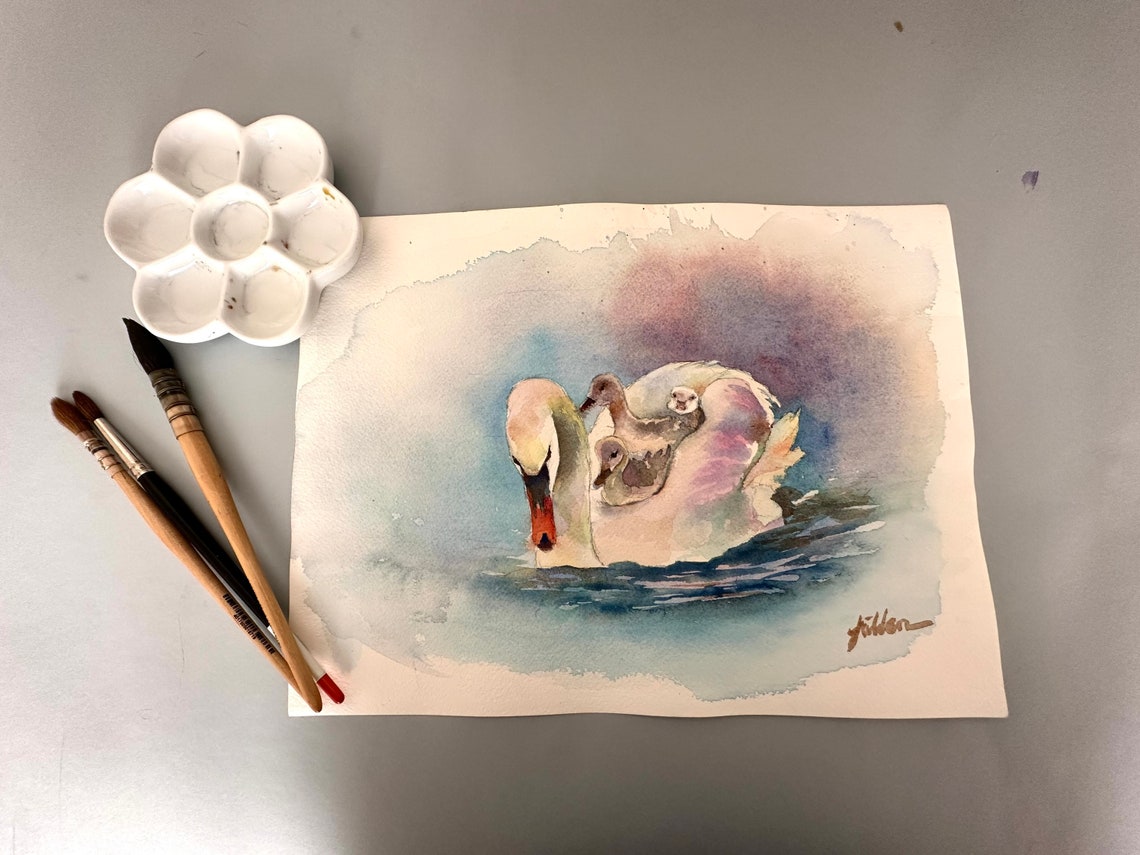 Swan Original Watercolor Painting White Swan Painting Aquarelle Mother Day Gift White Swan Lake Mother Swan With Her Babies 8x12 In - Image 7