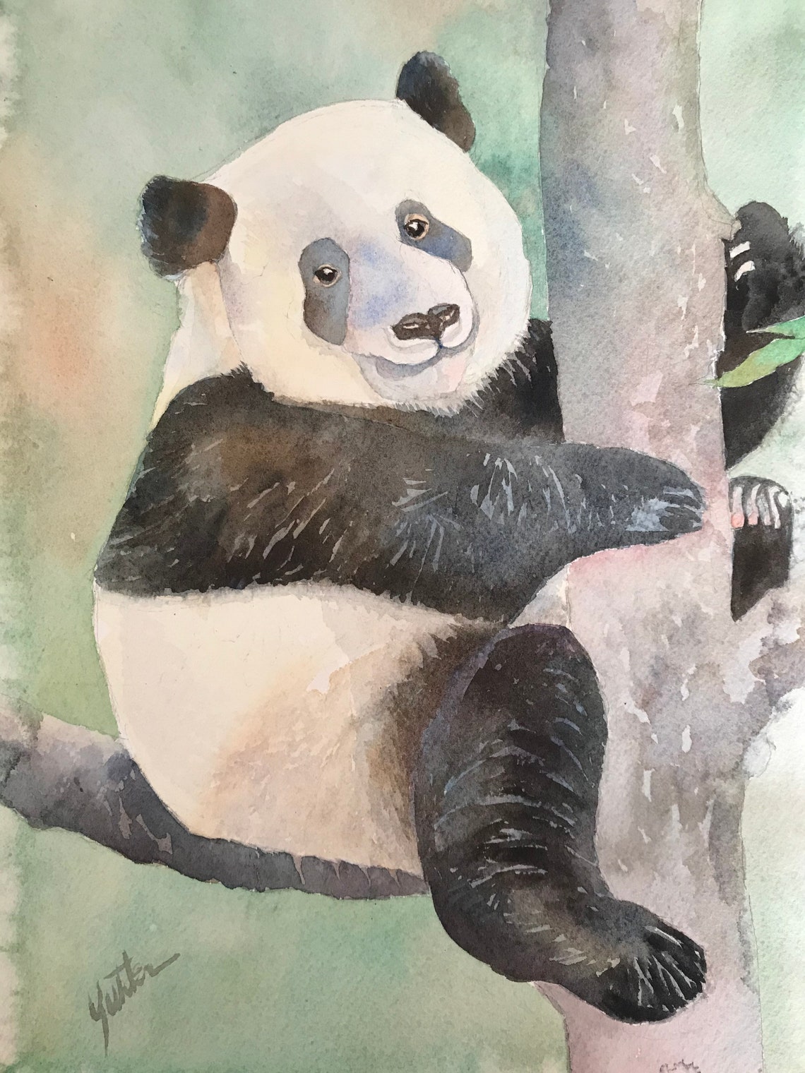 Giant Panda Climbing a Tree Watercolor Wildlife Portrait Poster - Image 2
