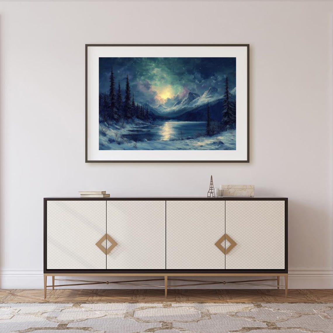Winter Twilight Over Frozen Lake Snowy Mountain Landscape Wall Art Mystical Night Sky Decor - Image 2