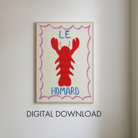 Le Homard Lobster Food Print Colourful Kitchen Wall Art Dining Room Poster Foodie Print Food Illustration