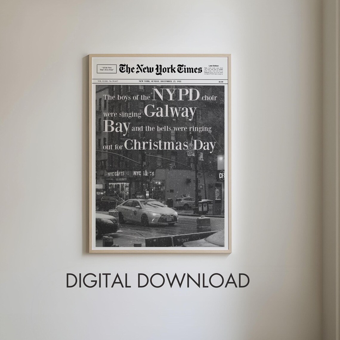Fairytale Of New York Christmas Newspaper Lyrics Snowy NYC Poster