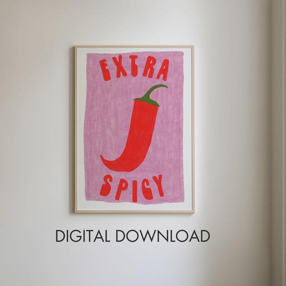 Extra Spicy Red Chili Pepper Hand Painted Pink Foodie Art Poster