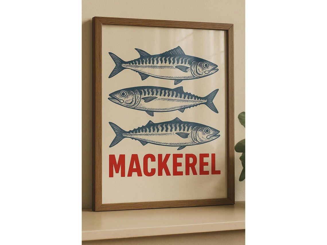 Vintage Mackerel Fish Poster Retro Nautical Kitchen Art