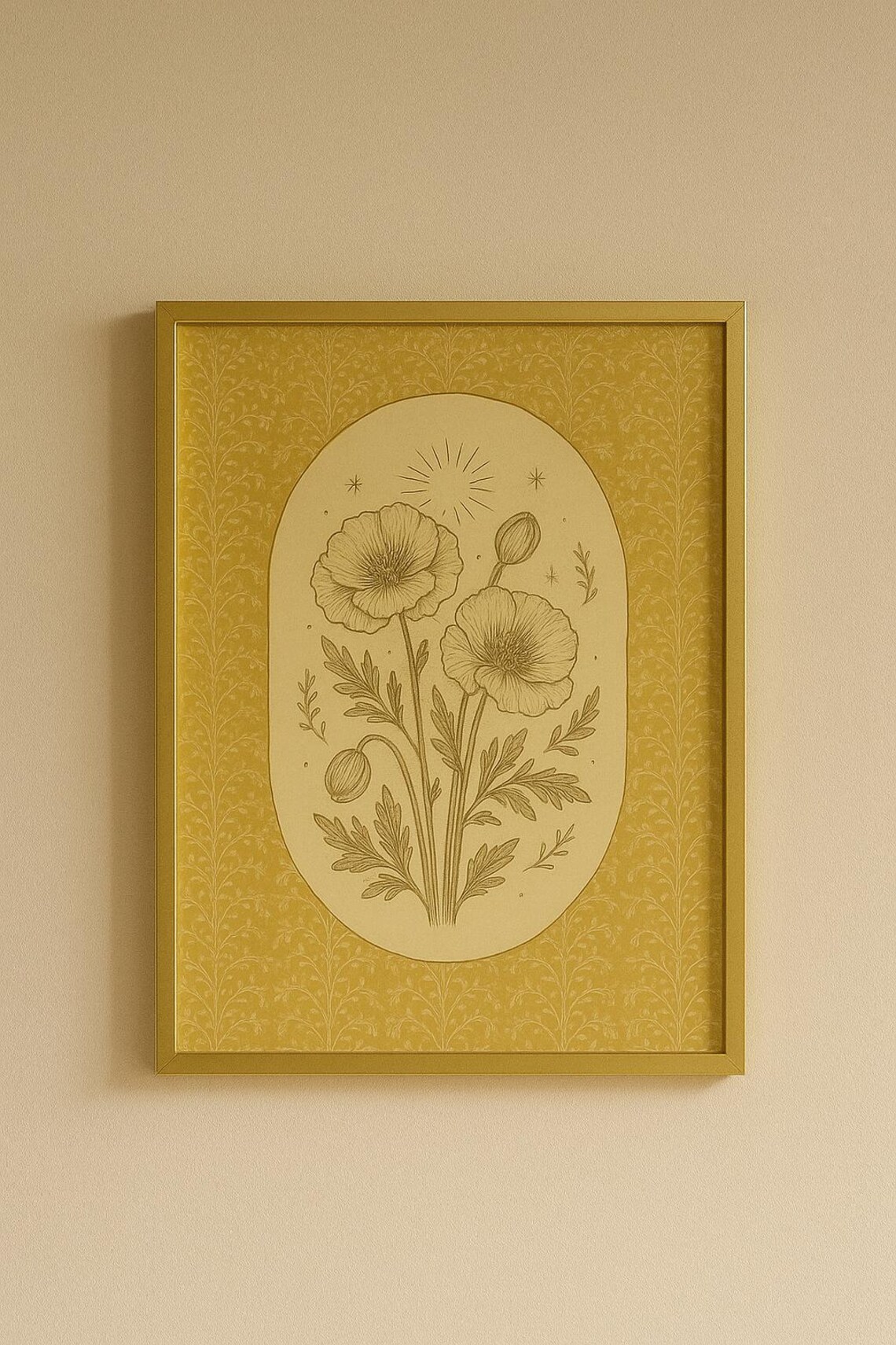 Vintage Gold Poppy Botanical Line Drawing Oval Medallion Wall Poster