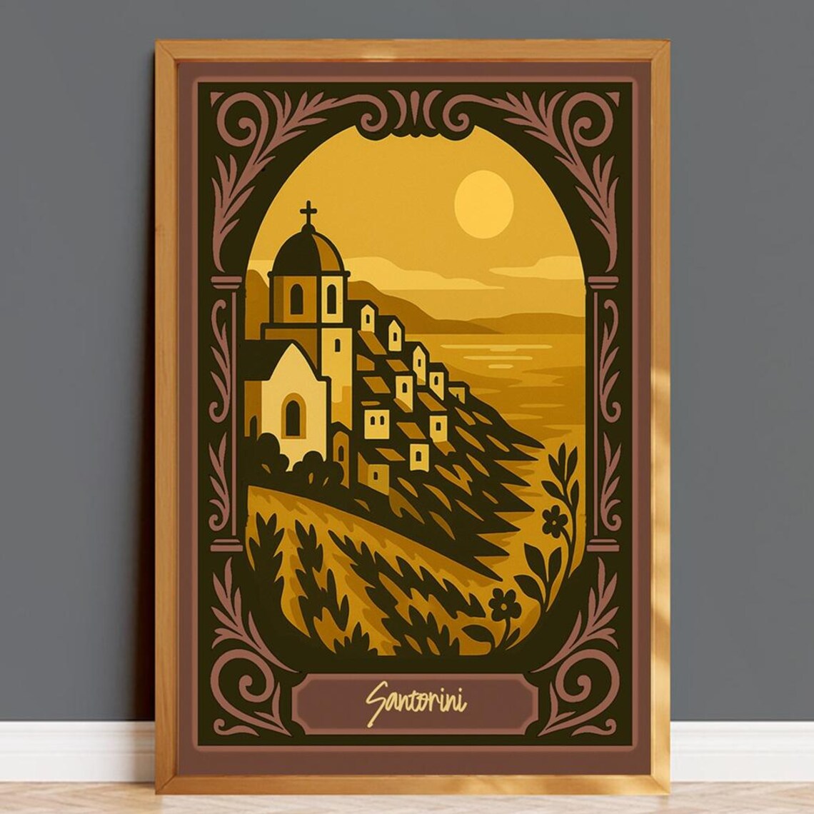 Santorini Golden Sunset Art Deco Church Greek Island Travel Poster