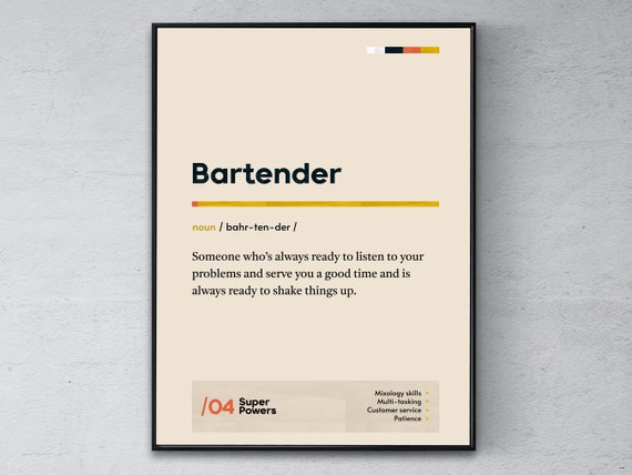 Bartender Definition Poster Barman Coworker Wall Art Funny Modern Office Gift Barkeep Graduation Print