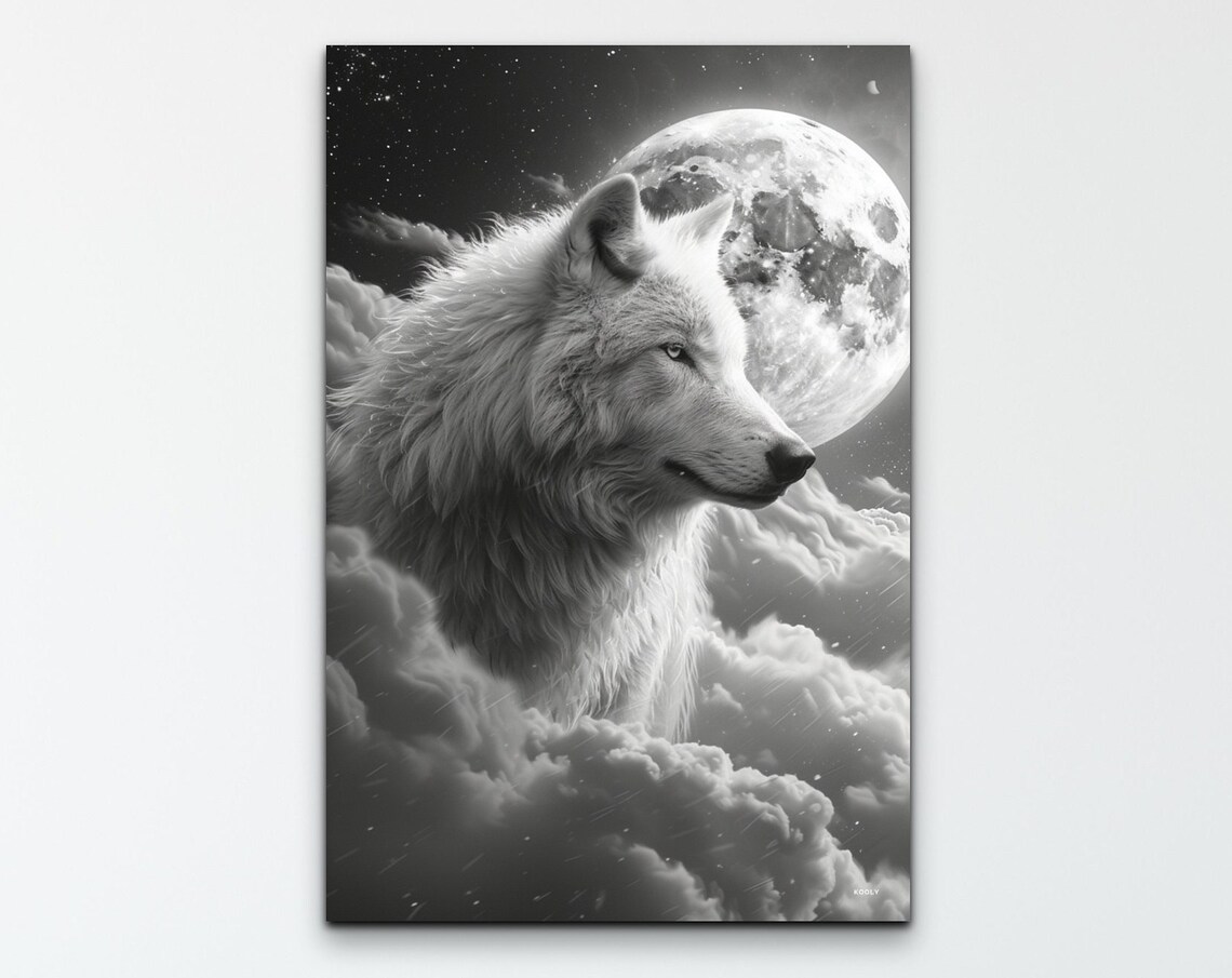 White Wolf Full Moon Night Sky Black White Wild Animal Poster