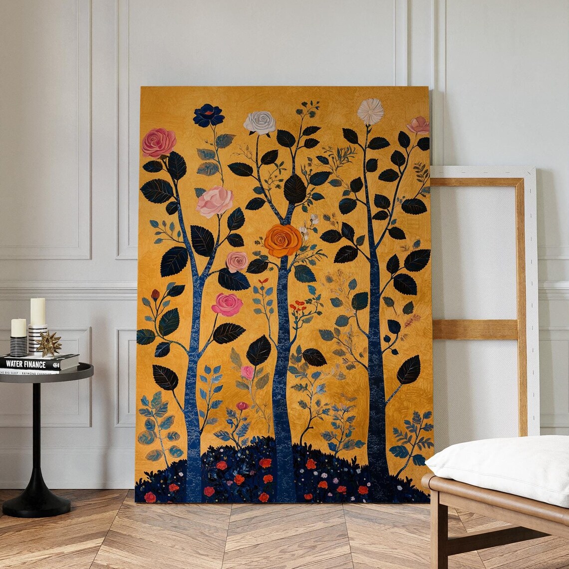 Stylized Rose Trees On Mustard Gold Folk Art Botanical Poster