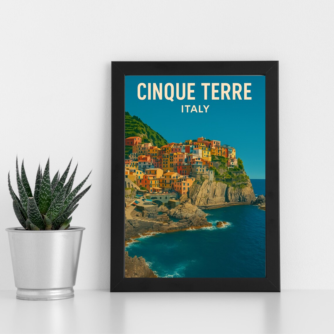 Cinque Terre Italy Retro Cliffside Village Coast Sea View Poster