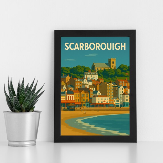 Scarborough England Seaside Beach Town Church Vintage Travel Poster