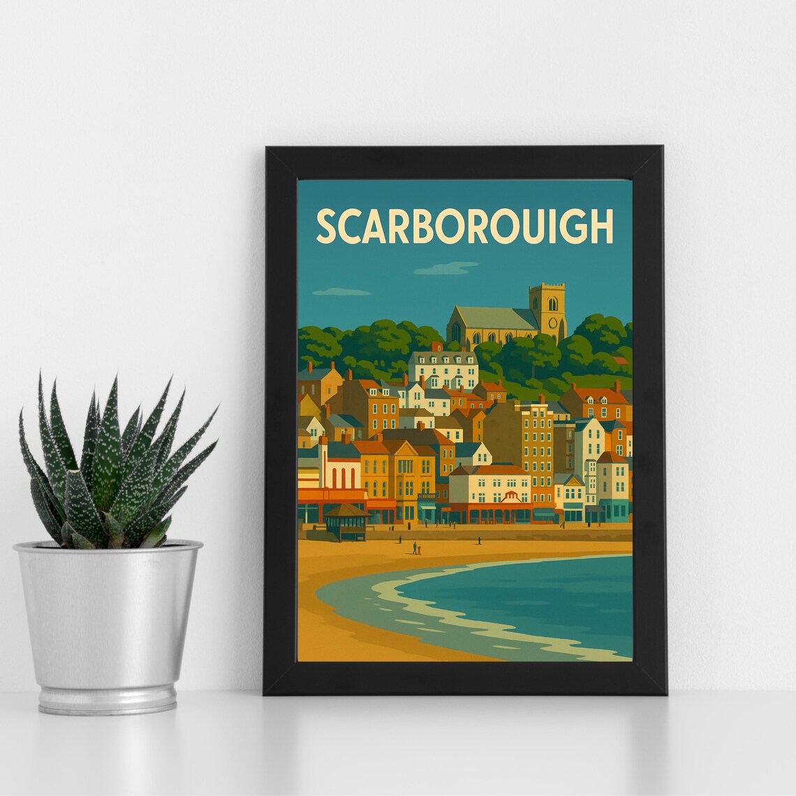 Scarborough England Seaside Beach Town Church Vintage Travel Poster