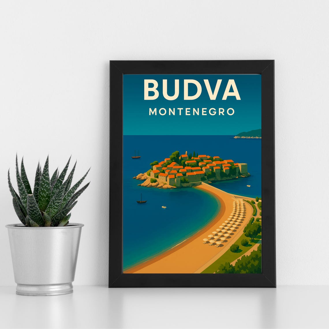 Budva Montenegro Island Old Town Beach Vintage Travel Poster