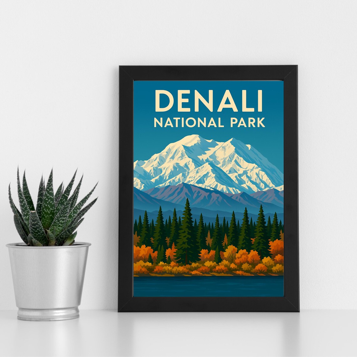Denali National Park Snowy Peaks Autumn Forest Vintage Travel Poster