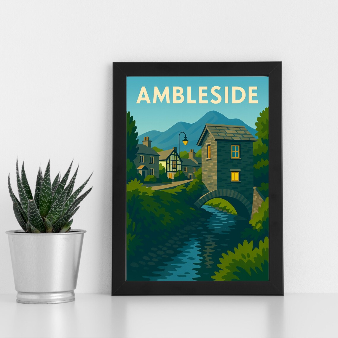Ambleside Lake District Riverside Stone Cottages Vintage Travel Poster