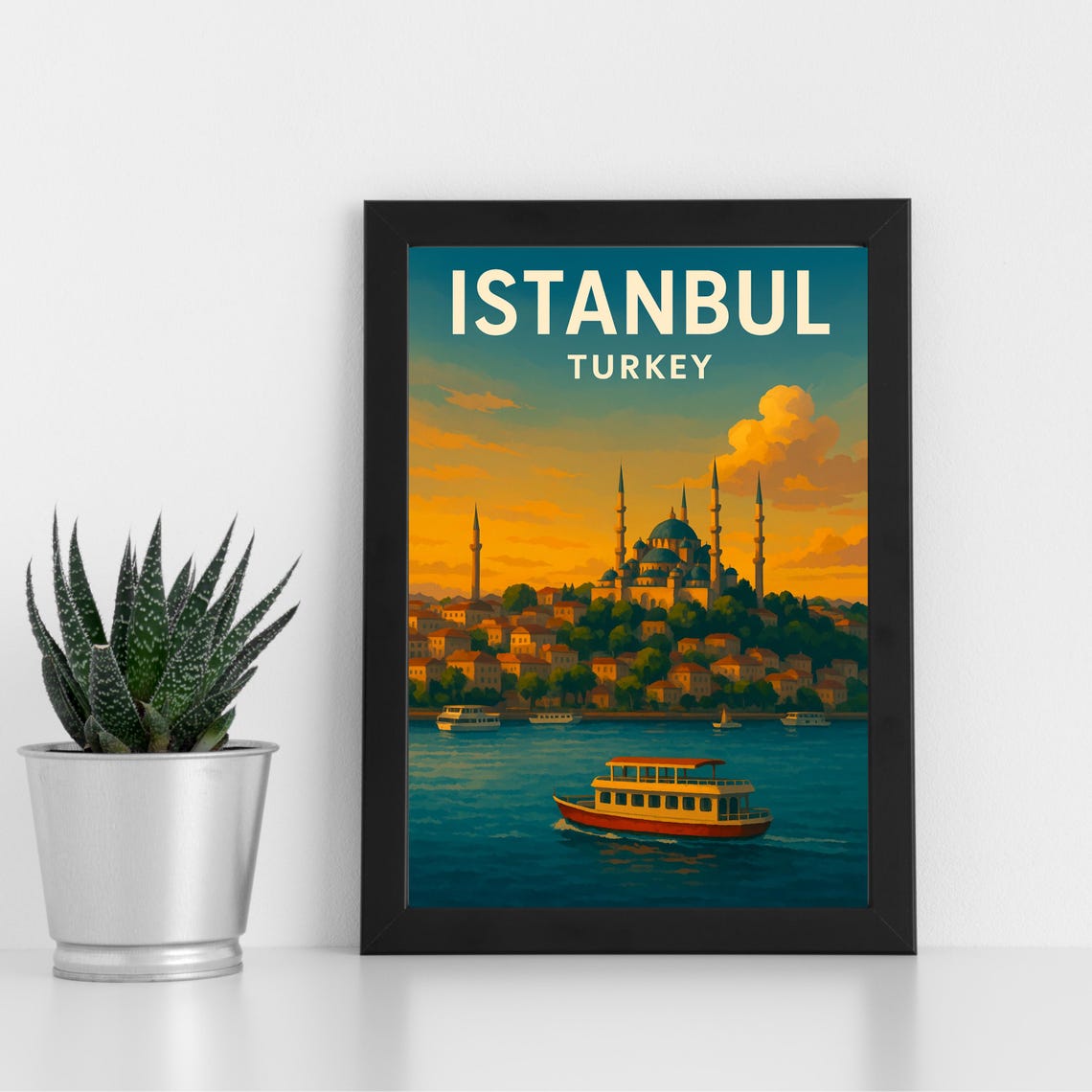 Istanbul Turkey Mosque Skyline Ferry Golden Sunset Travel Poster