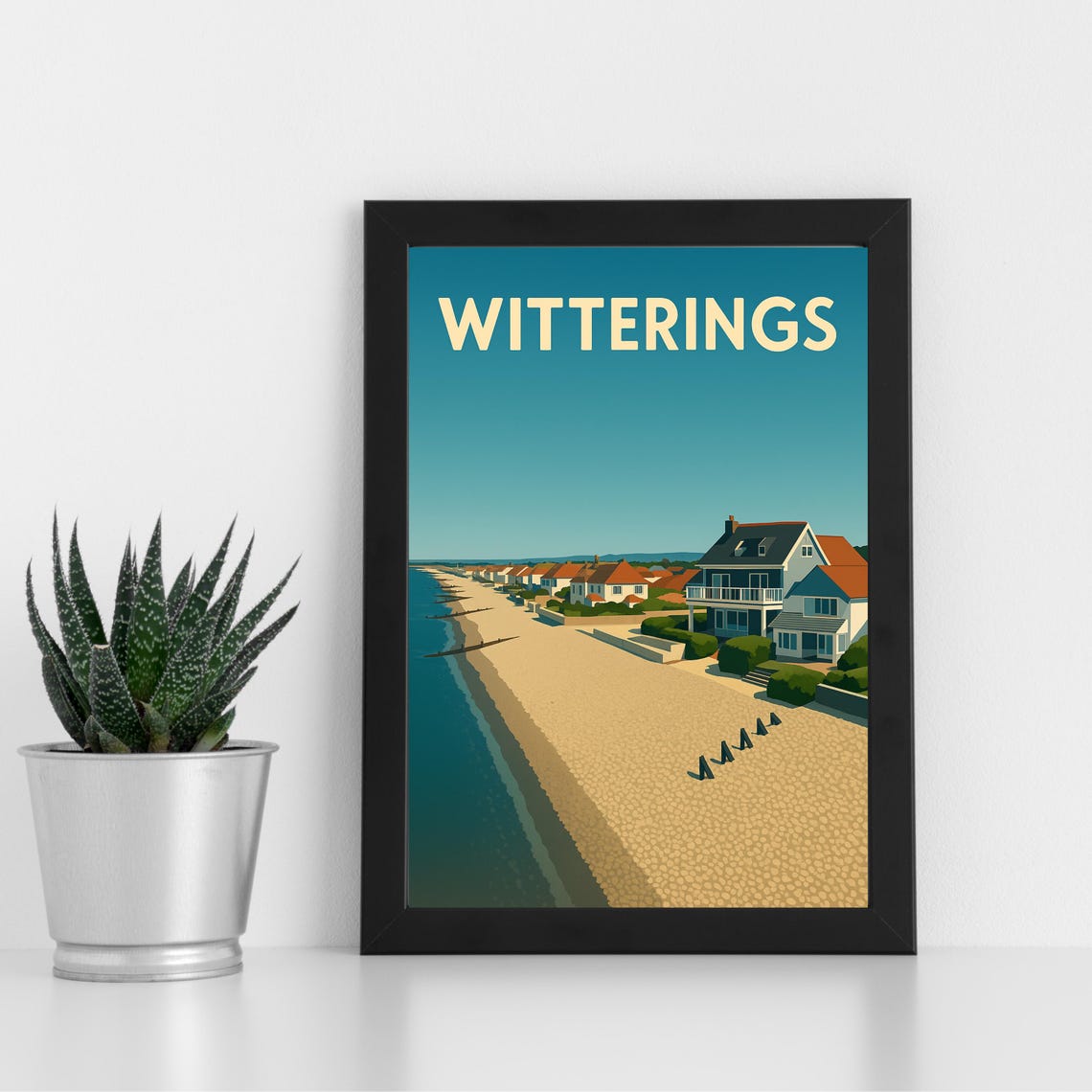 Witterings Sussex Vintage Beach Travel Poster Sand Dunes And Huts