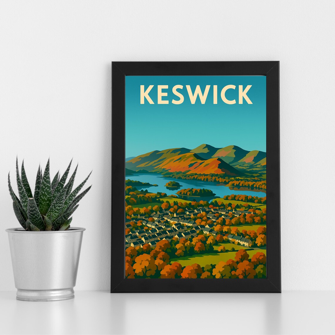 Keswick Lake District Autumn Vintage Travel Poster Derwentwater Hills