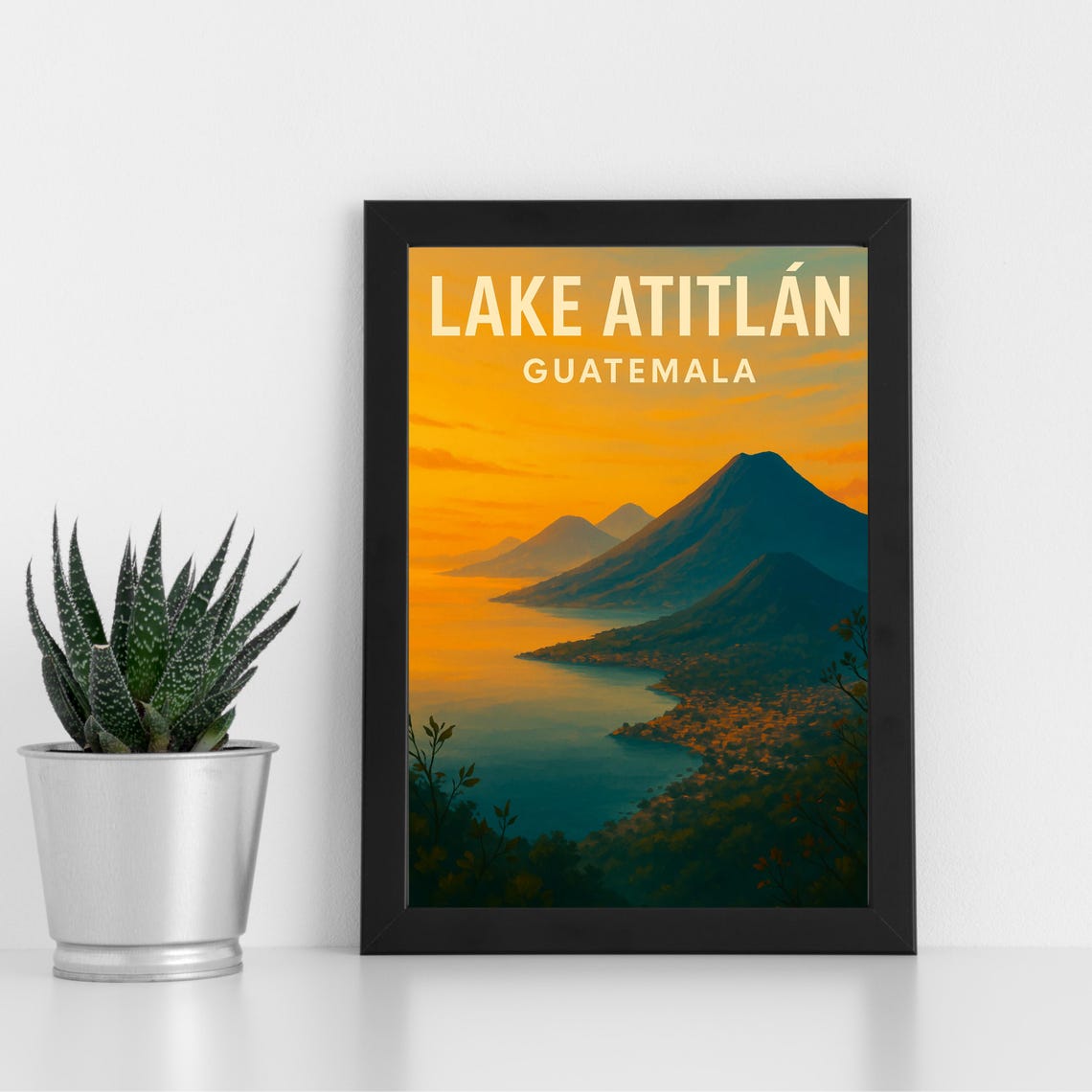 Lake Atitlan Guatemala Volcano Sunset Vintage Travel Poster Art