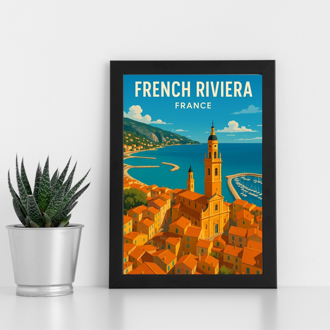 French Riviera France Menton Harbor Retro Vintage Travel Poster