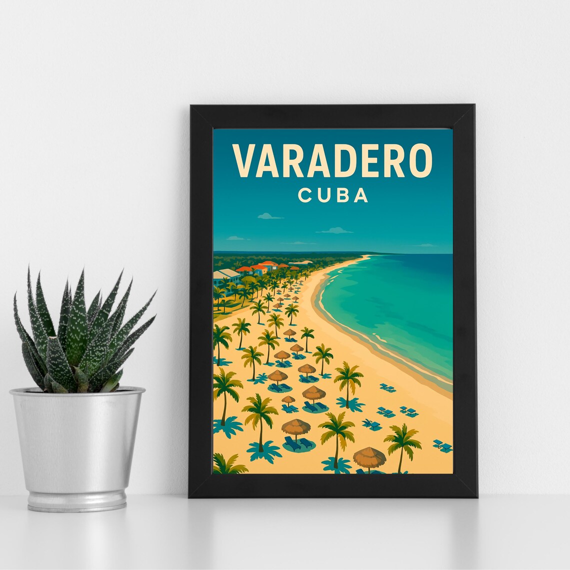 Varadero Cuba Beach Aerial Palm Umbrellas Vintage Travel Poster