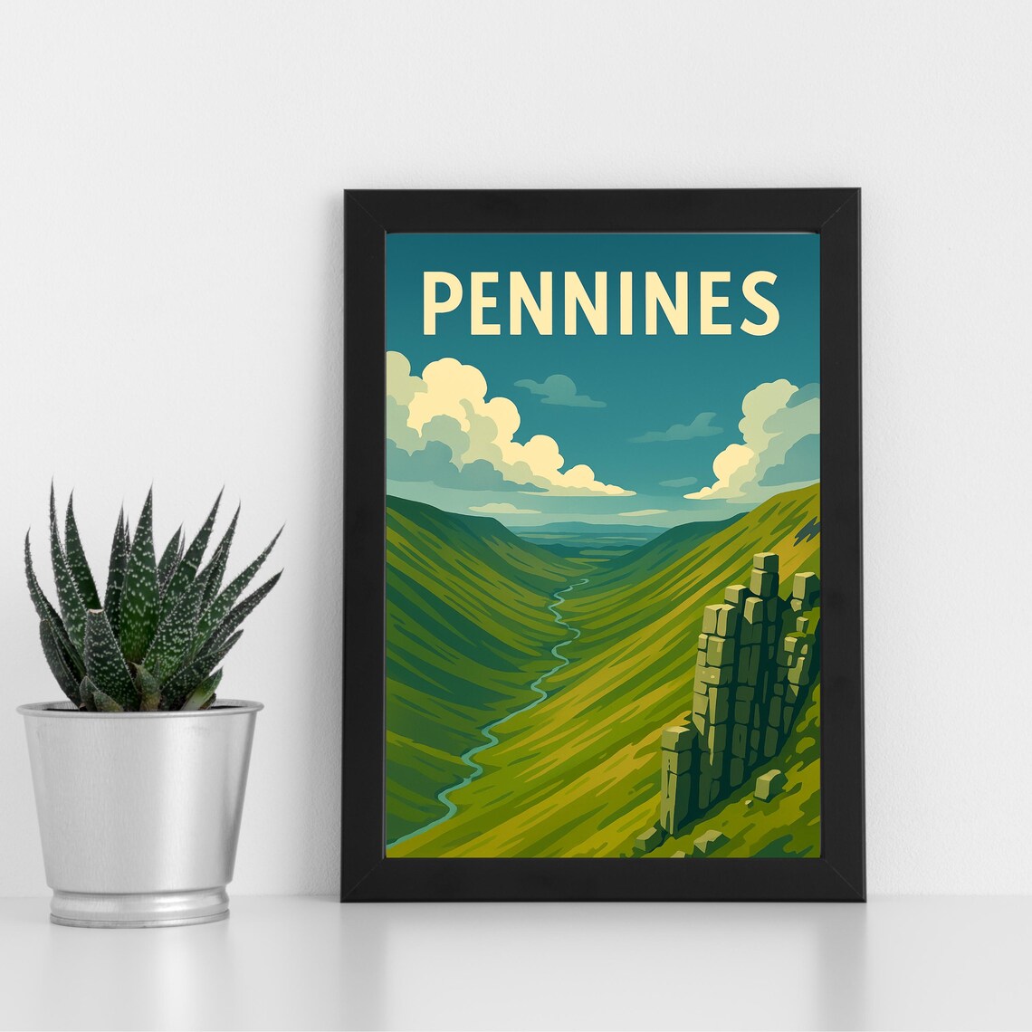 Pennines England Green Valley River Hills Vintage Travel Poster